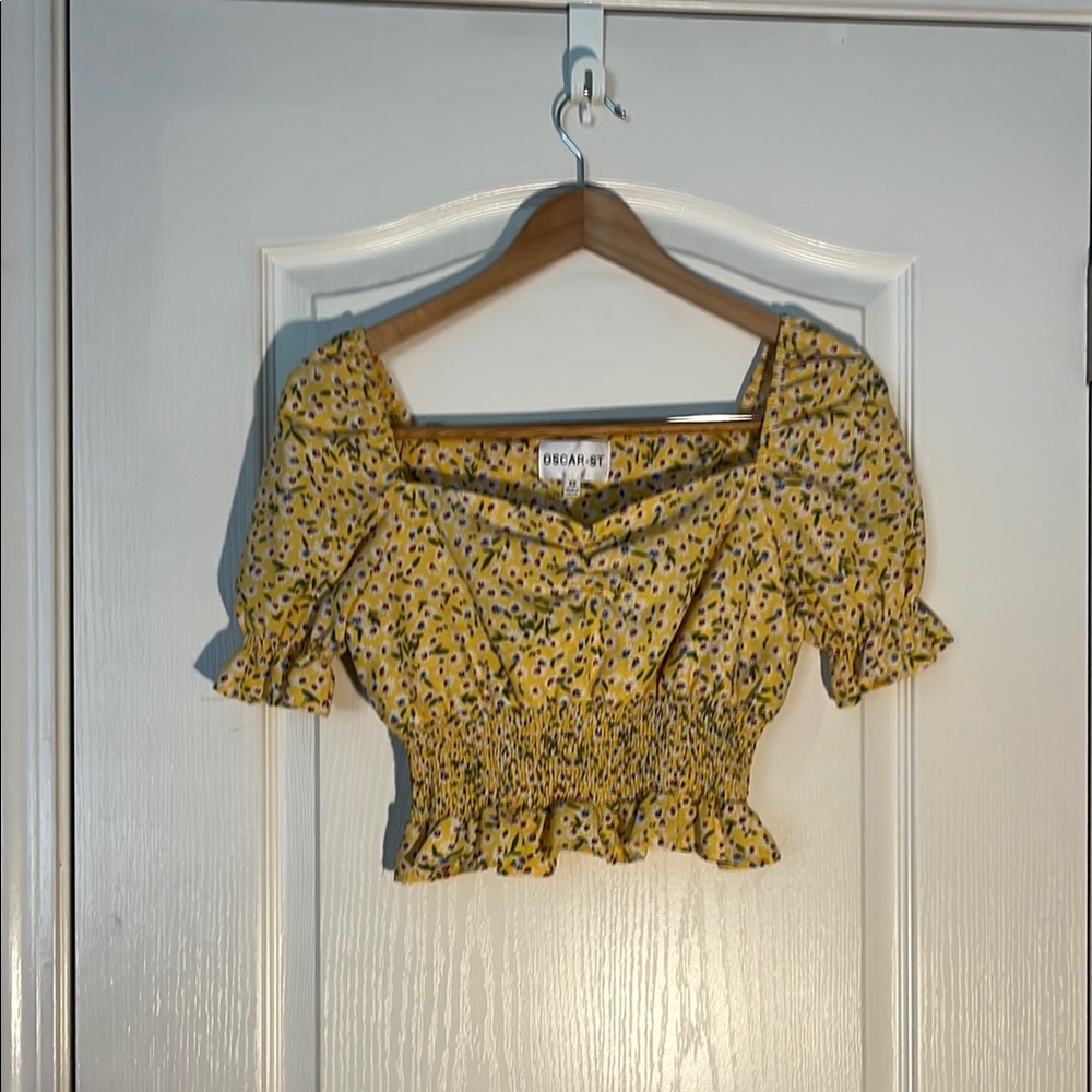 Yellow and Black Puff Sleeve Smocked Crop Blouse